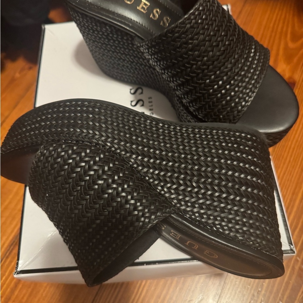 Guess Yenisa Black Woven Wedge Sandals